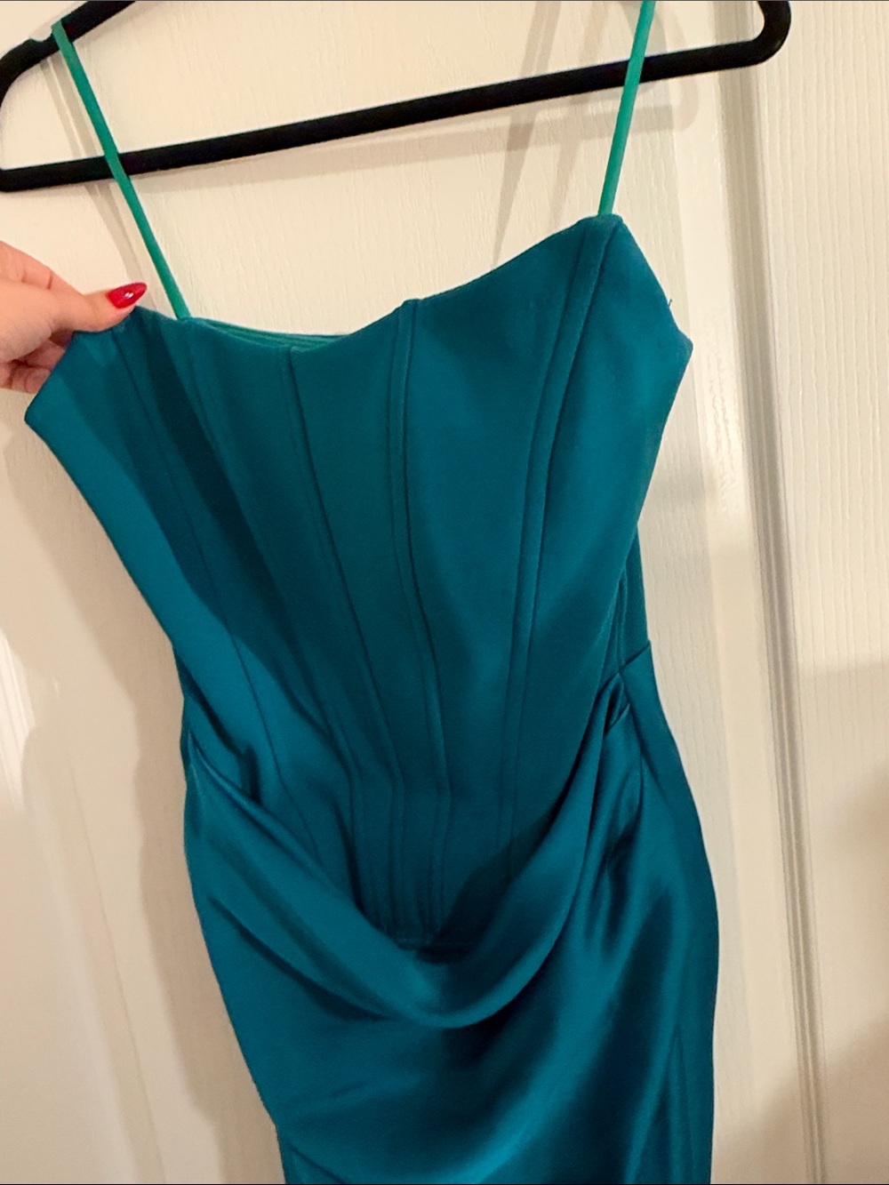 Betsy & Adam Strapless Teal Drape Gown